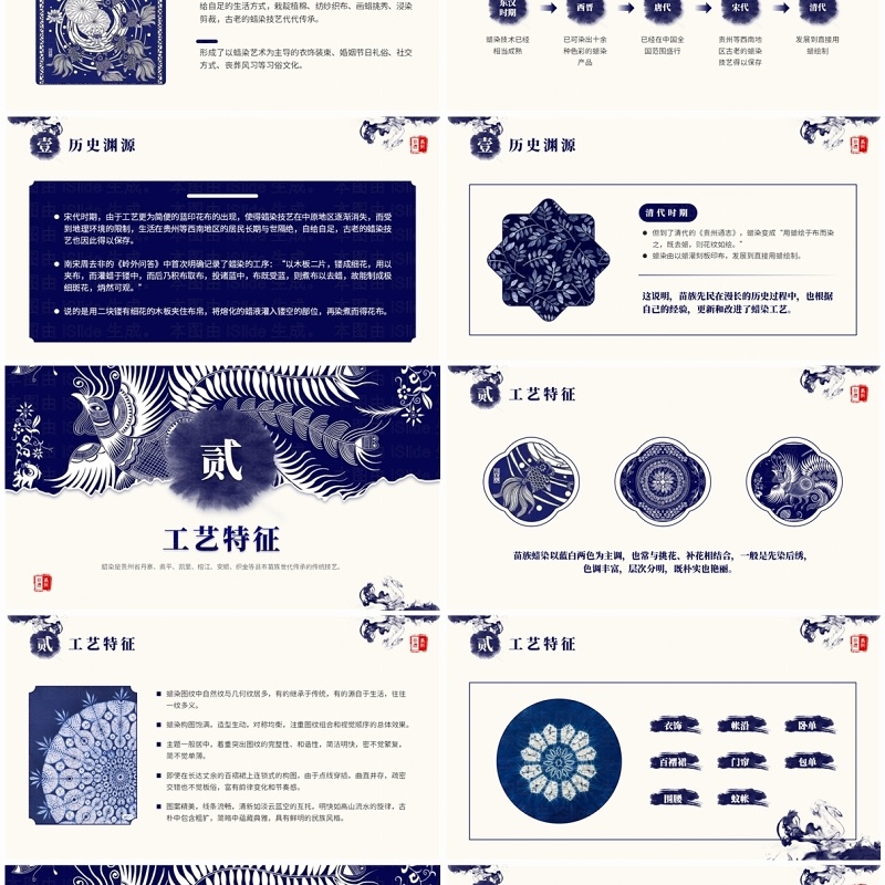 蓝色中国风非遗文化系列之苗族蜡染PPT模板