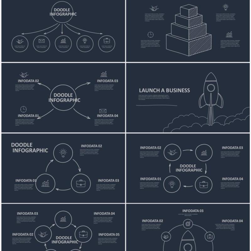 深色背景黑白简洁涂鸦信息图表PPT元素素材Doodle