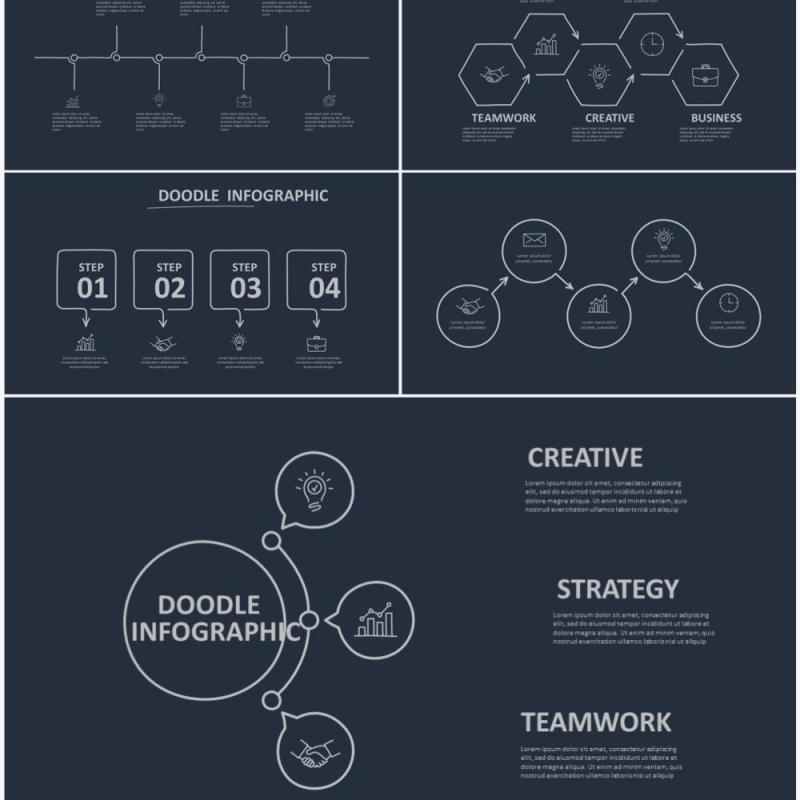 深色背景黑白简洁涂鸦信息图表PPT元素素材Doodle