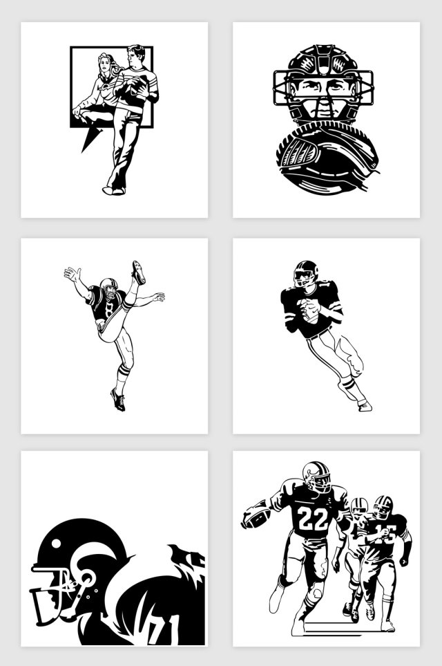 矢量黑白卡通橄榄球运动员剪影插画
