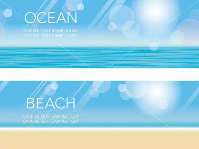 一套两个无缝矢量夏天背景插图与沙滩，蓝色的天空和海洋。