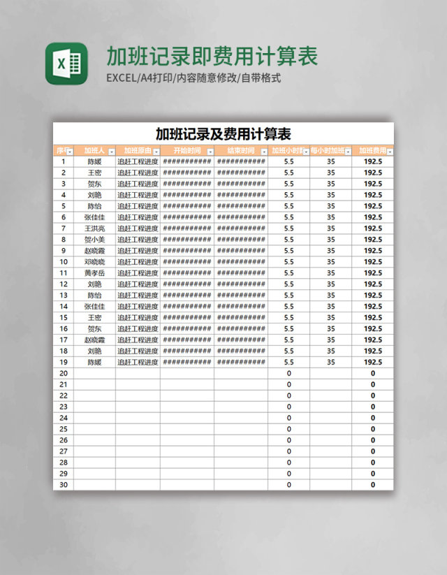 加班记录即费用计算表excel表格模板