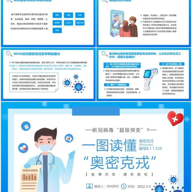 蓝色卡通新冠突变奥密克戎病毒知识讲解PPT模板 蓝色卡通新冠突变奥密克戎病毒知识讲解PPT模板