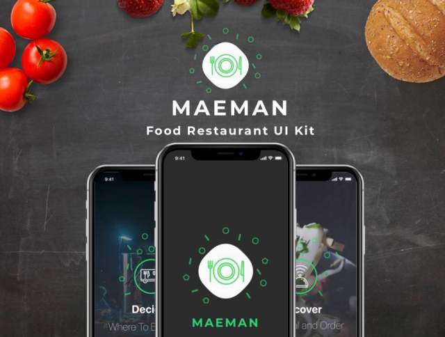 用于餐厅食品交付订单的多用途iPhone X Sketch UI套件。，Maeman UI套件