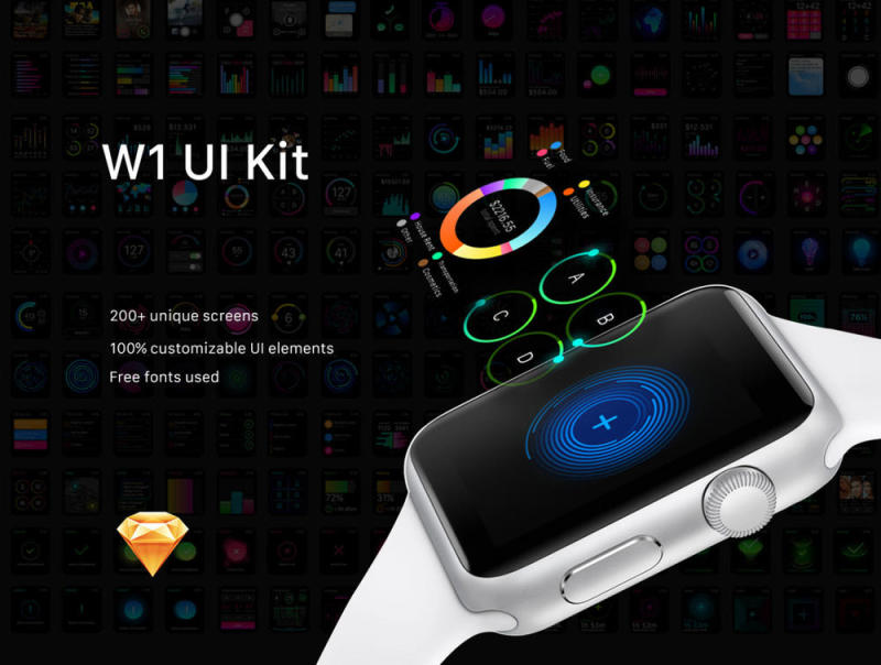 用于Apple Watch，W1 UI Kit的200多个屏幕UI工具包