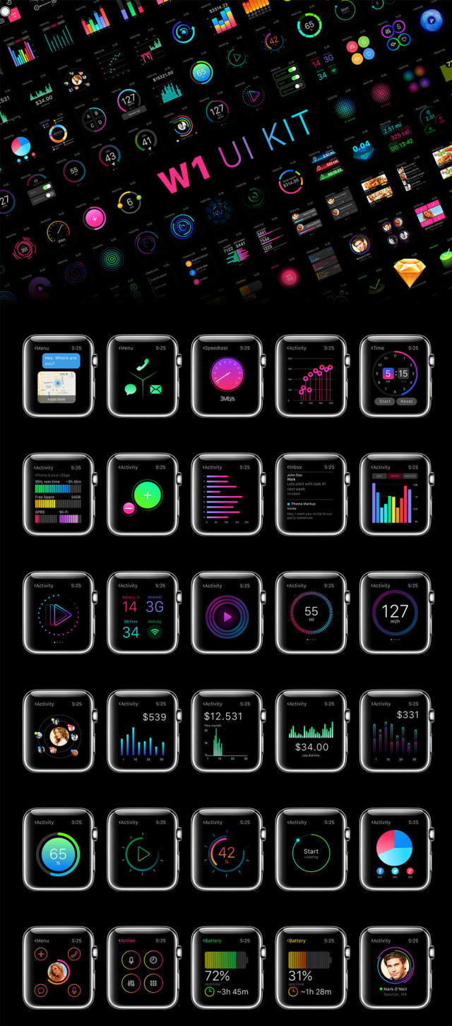 用于Apple Watch，W1 UI Kit的200多个屏幕UI工具包