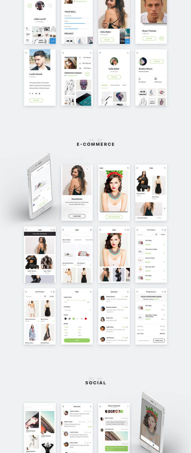 适用于Sketch，Photoshop和XD的90多款iOS手机屏幕模板，Zade Mobile UI KIT