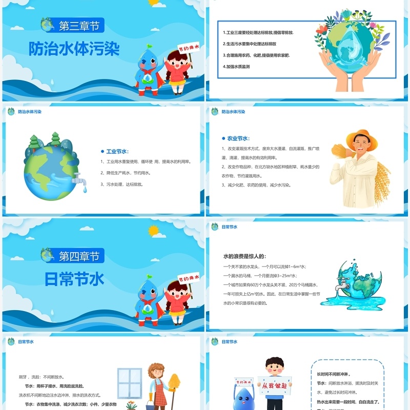 蓝色卡通风珍惜水资源PPT模板