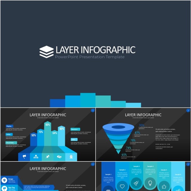 蓝色图层结构信息图PPT模板素材Wide Blue Dark Layer Infographic