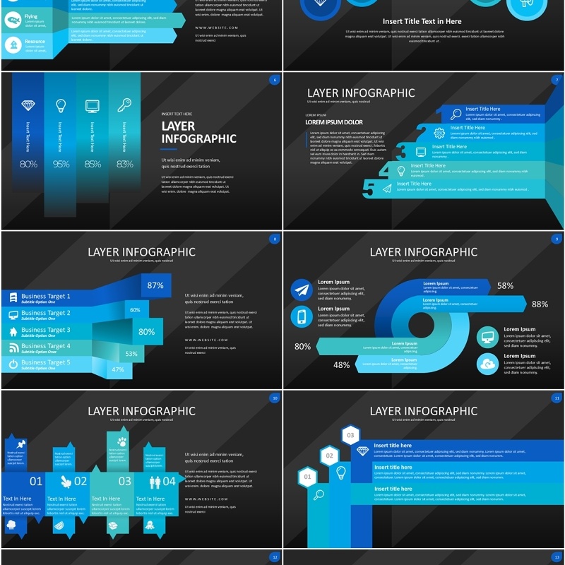 蓝色图层结构信息图PPT模板素材Wide Blue Dark Layer Infographic