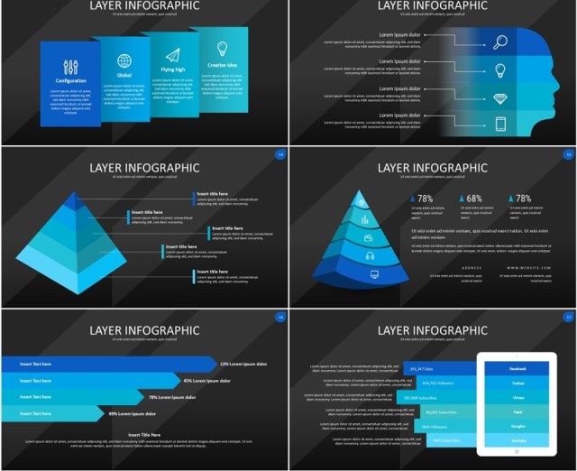 蓝色图层结构信息图PPT模板素材Wide Blue Dark Layer Infographic