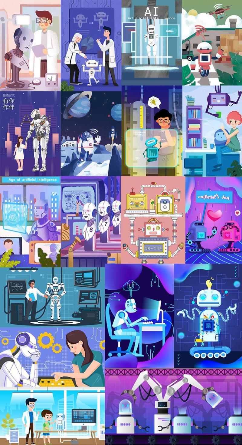 18款人工智能机器人未来科技科学卡通手绘漫画插画场景PSD矢量素材
