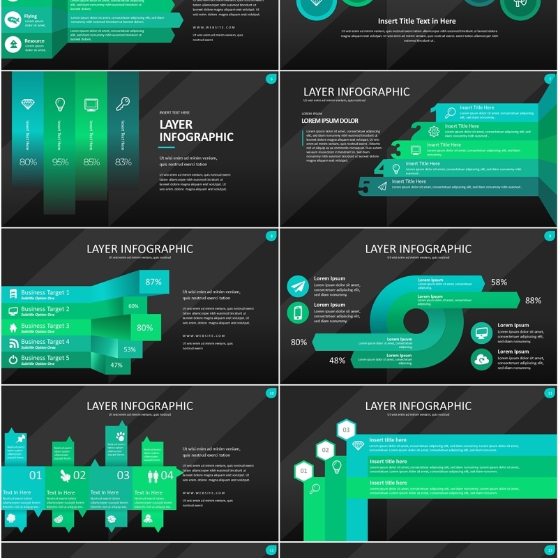 绿色图层结构信息图PPT模板素材Wide Tosca Dark Layer Infographic