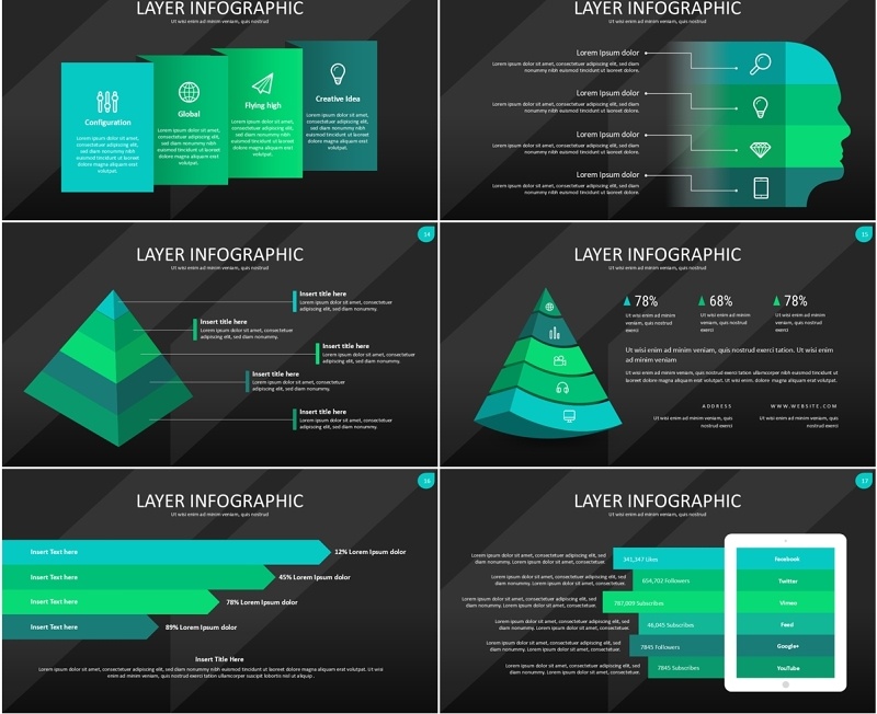 绿色图层结构信息图PPT模板素材Wide Tosca Dark Layer Infographic