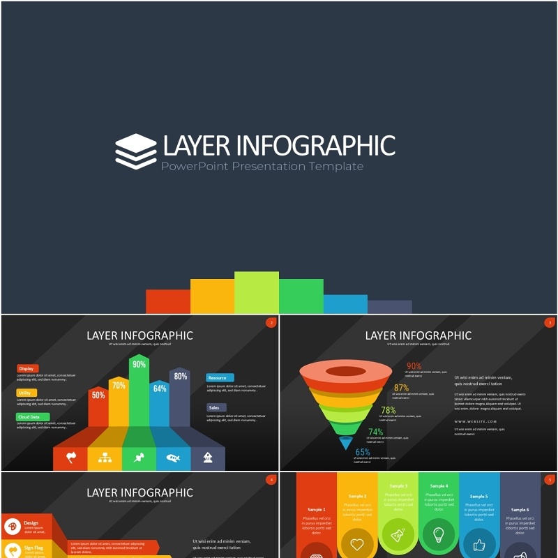 多彩图层结构信息图PPT模板素材Wide Dark Layer Infographic