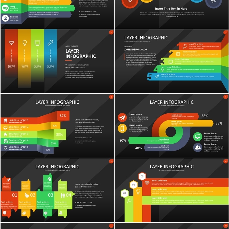 多彩图层结构信息图PPT模板素材Wide Dark Layer Infographic