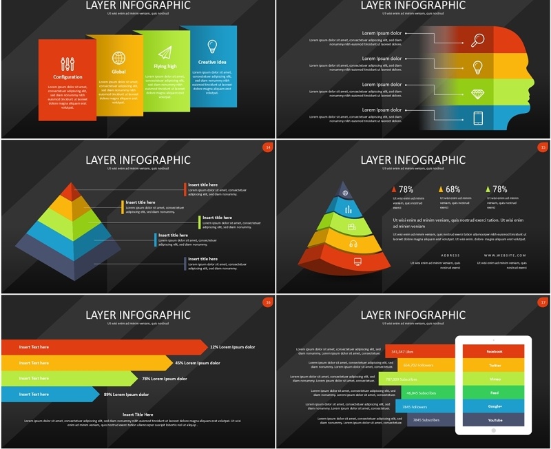 多彩图层结构信息图PPT模板素材Wide Dark Layer Infographic