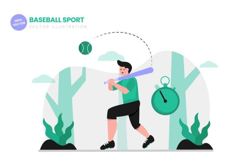 棒球运动平面矢量图AI插画素材设计Baseball Sport Flat Vector Illustration