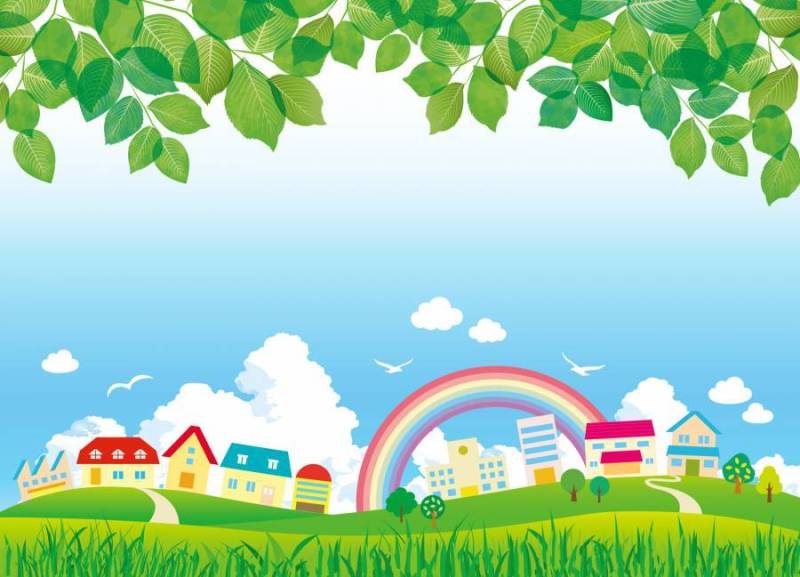 城市景观草原山新鲜的绿叶彩虹路城市街道插图图片