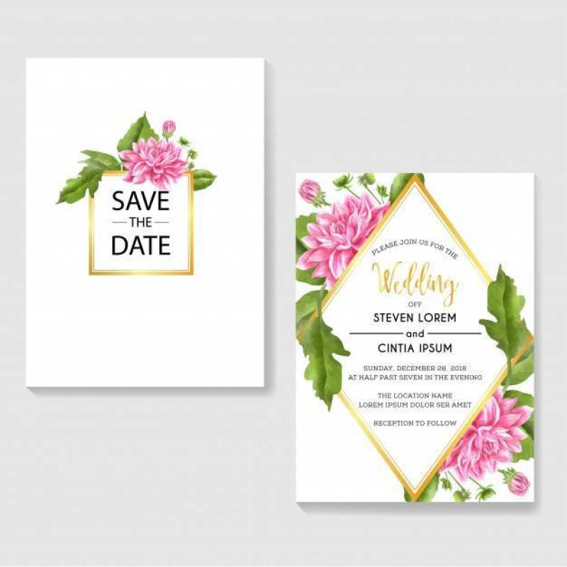 Wedding invitations with pink dahlia watercolor background