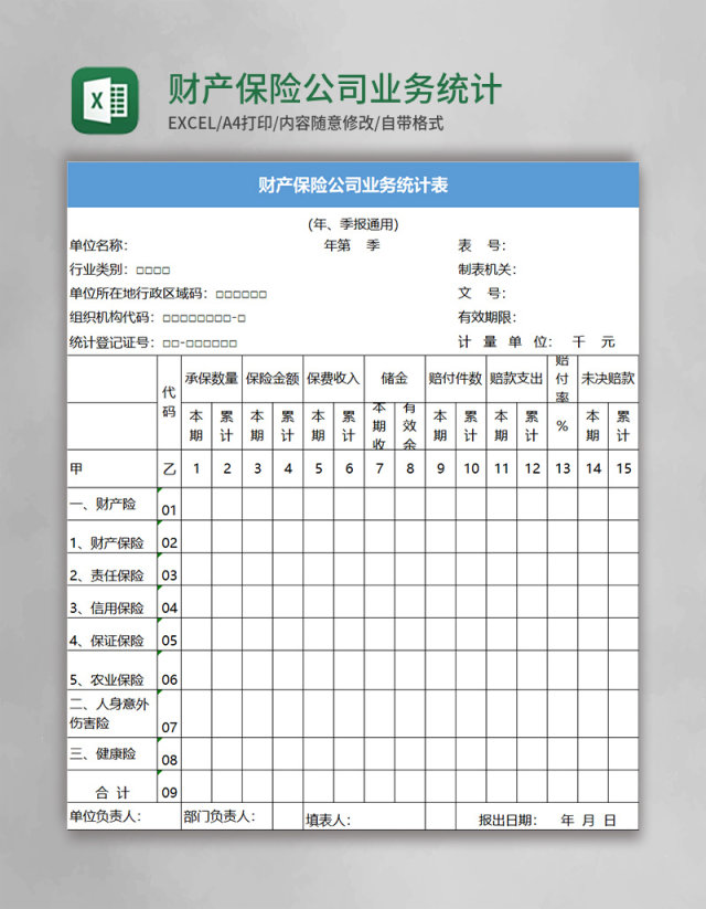 财产保险公司业务统计表excel模板