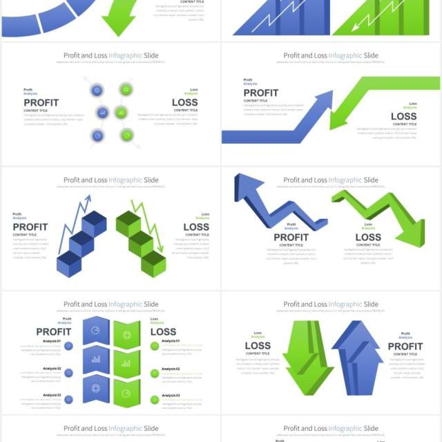 12套颜色财务报告损益表盈利与亏损可视化PPT信息图表箭头素材Profit and Loss