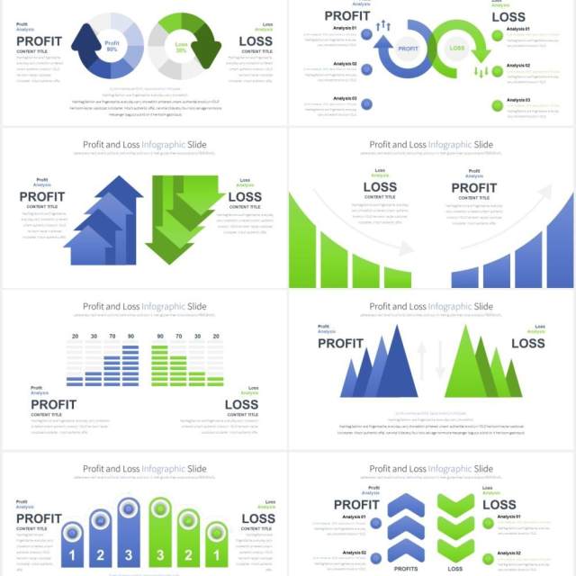 12套颜色财务报告损益表盈利与亏损可视化PPT信息图表箭头素材Profit and Loss