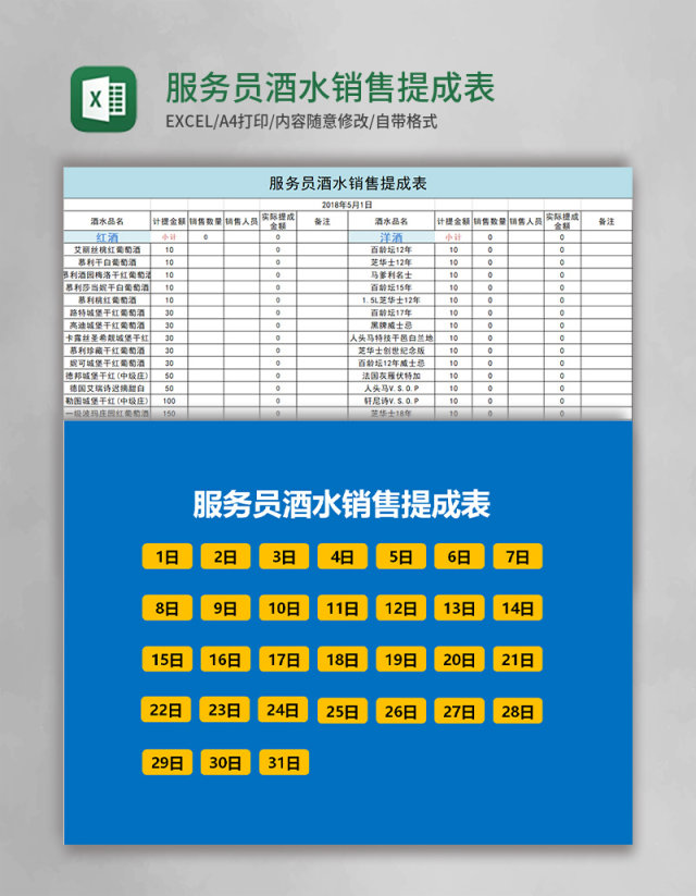 服务员酒水销售提成表管理系统 服务员酒水销售提成表管理系统