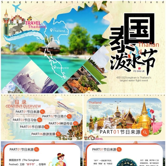 黄色卡通风泰国泼水节PPT模板 黄色卡通风泰国泼水节PPT模板