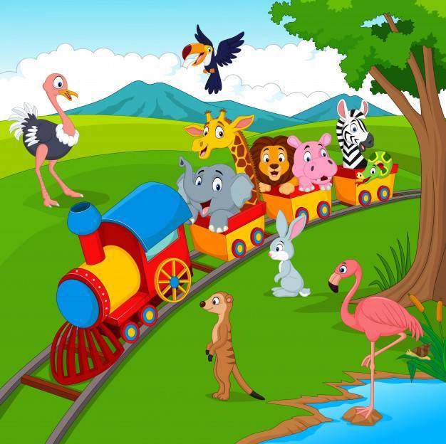 在铁路的动画片火车有野生动物的