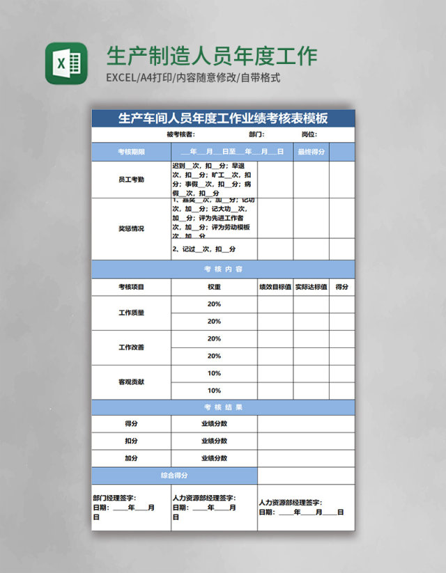 生产制造人员年度工作业绩考核表 Excel表格