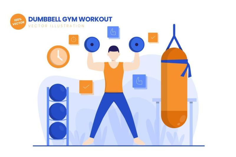 哑铃健身训练平面矢量图AI插画素材设计Dumbbell Gym Workout Flat Vector Illustration