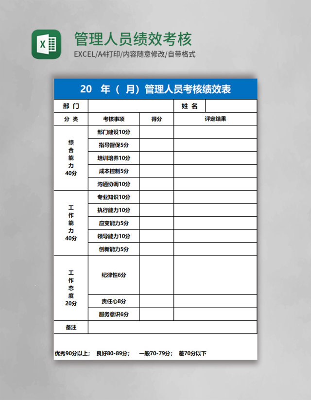 管理人员绩效考核Excel表格 管理人员绩效考核Excel表格