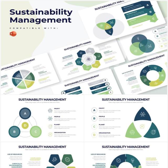 简约绿色系可持续管理结构图PPT信息图形素材Sustainability Management Powerpoint Infographics