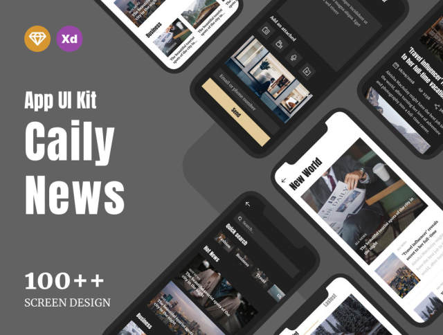 Sketch和Adobe XD中的移动应用程序杂志和新闻UI工具包，Caily新闻UI工具包