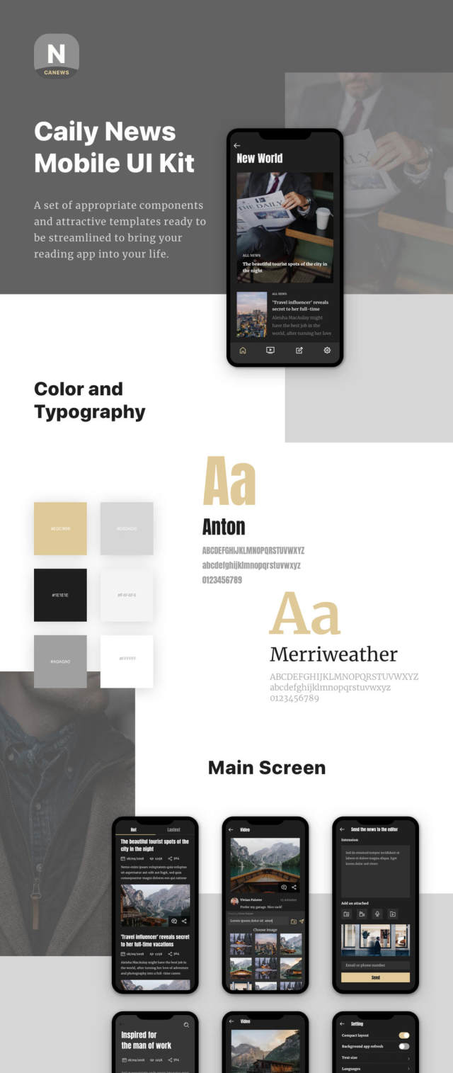 Sketch和Adobe XD中的移动应用程序杂志和新闻UI工具包,Caily新闻UI工具包 Sketch和Adobe XD中的移动应用程序杂志和新闻UI工具包,Caily新闻UI工具包
