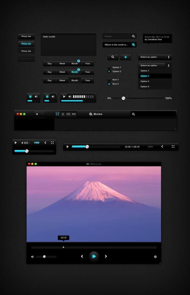 黑色主题视频播放器psd分层素材