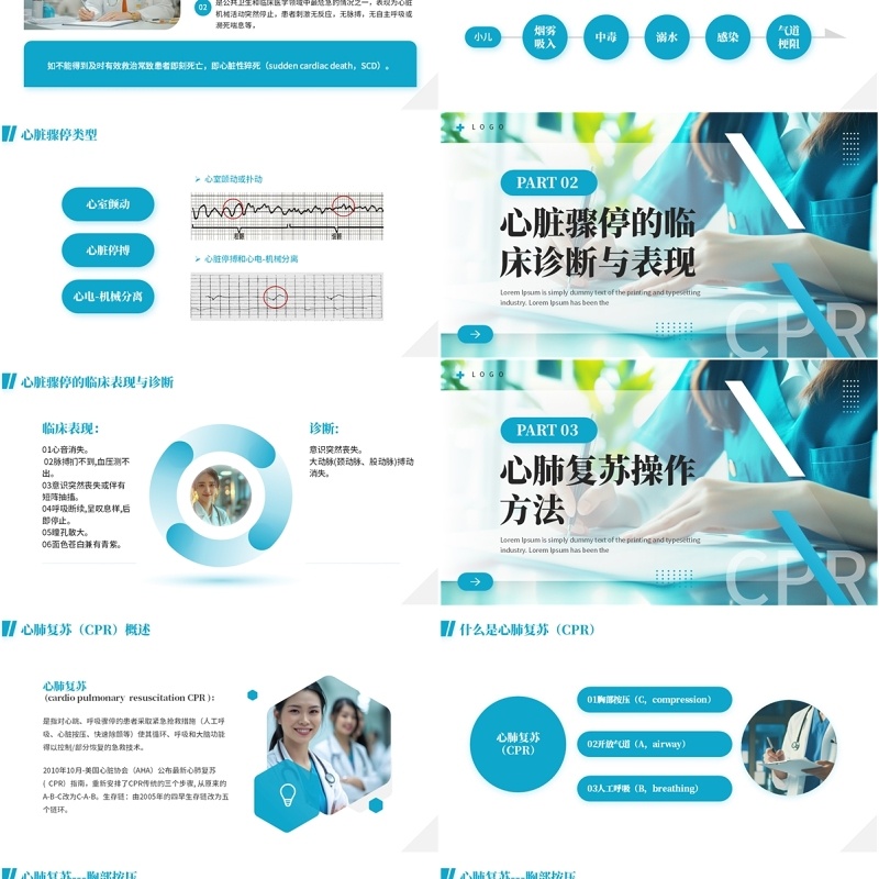 蓝色简约风心肺复苏医学培训PPT模板