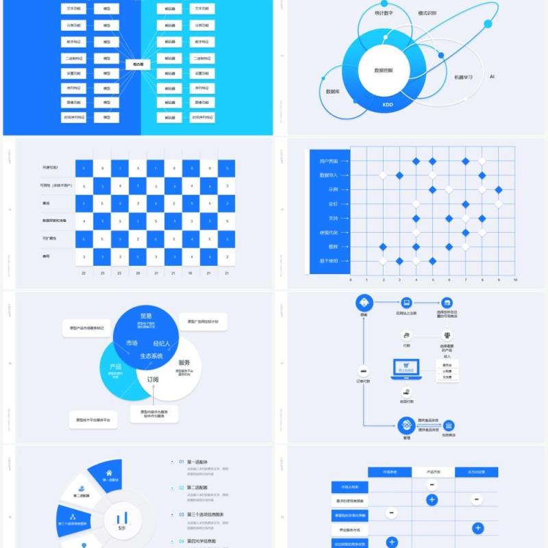 蓝色简约创意逻辑图形思维导图素材PPT信息图表