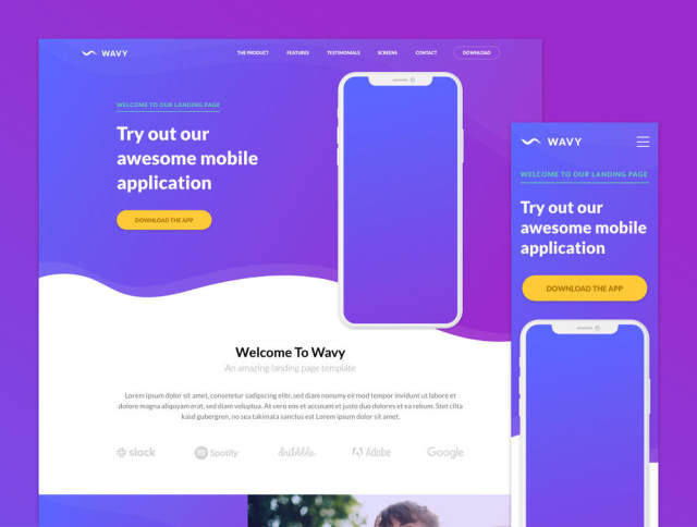 一个独特的登陆页面模板,用于展示移动应用程序。,Wavy Mobile App登陆页面 一个独特的登陆页面模板,用于展示移动应用程序。,Wavy Mobile App登陆页面