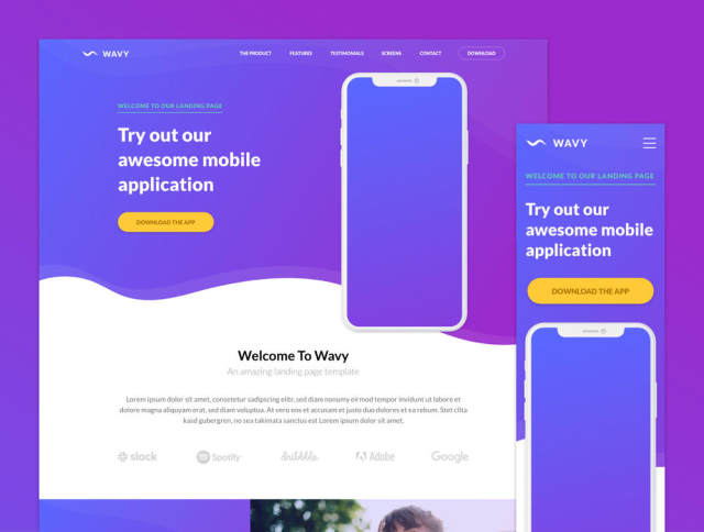 一个独特的登陆页面模板，用于展示移动应用程序。，Wavy Mobile App登陆页面