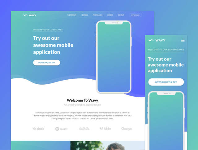 一个独特的登陆页面模板，用于展示移动应用程序。，Wavy Mobile App登陆页面