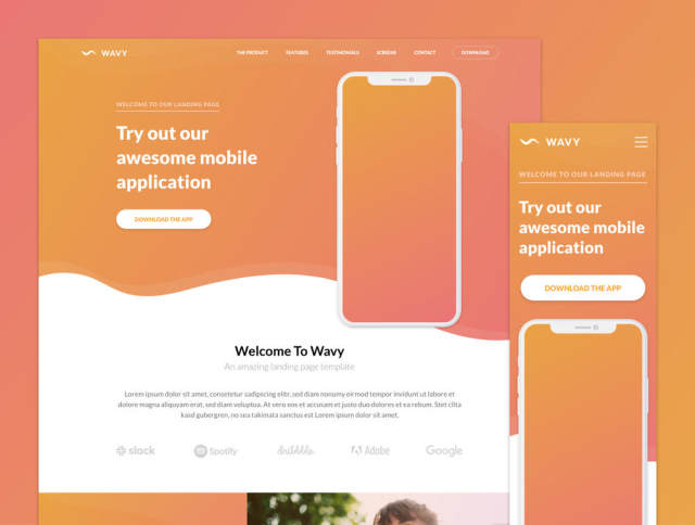 一个独特的登陆页面模板,用于展示移动应用程序。,Wavy Mobile App登陆页面 一个独特的登陆页面模板,用于展示移动应用程序。,Wavy Mobile App登陆页面