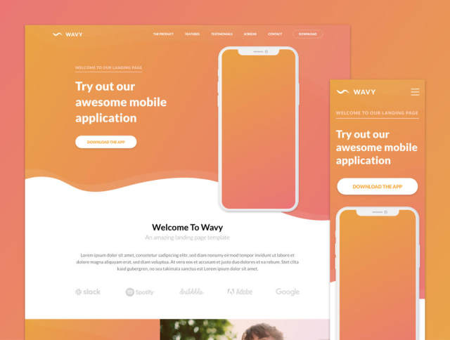 一个独特的登陆页面模板，用于展示移动应用程序。，Wavy Mobile App登陆页面