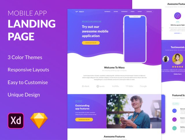 一个独特的登陆页面模板,用于展示移动应用程序。,Wavy Mobile App登陆页面 一个独特的登陆页面模板,用于展示移动应用程序。,Wavy Mobile App登陆页面