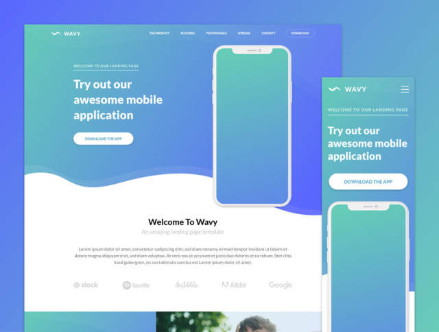 一个独特的登陆页面模板,用于展示移动应用程序。,Wavy Mobile App登陆页面 一个独特的登陆页面模板,用于展示移动应用程序。,Wavy Mobile App登陆页面