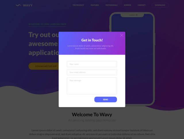 一个独特的登陆页面模板,用于展示移动应用程序。,Wavy Mobile App登陆页面 一个独特的登陆页面模板,用于展示移动应用程序。,Wavy Mobile App登陆页面