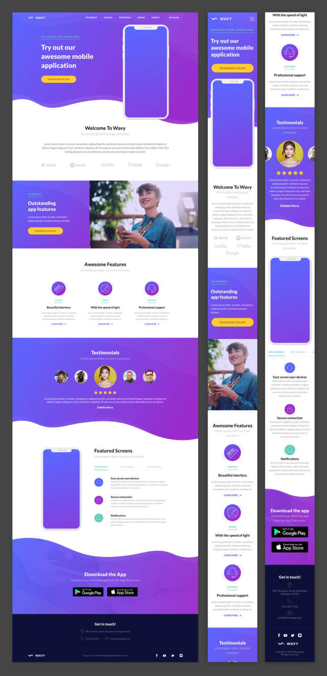 一个独特的登陆页面模板,用于展示移动应用程序。,Wavy Mobile App登陆页面 一个独特的登陆页面模板,用于展示移动应用程序。,Wavy Mobile App登陆页面