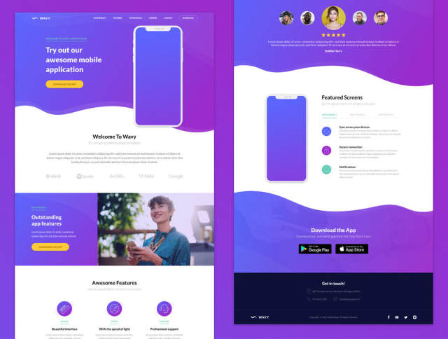 一个独特的登陆页面模板,用于展示移动应用程序。,Wavy Mobile App登陆页面 一个独特的登陆页面模板,用于展示移动应用程序。,Wavy Mobile App登陆页面
