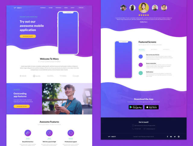 一个独特的登陆页面模板，用于展示移动应用程序。，Wavy Mobile App登陆页面